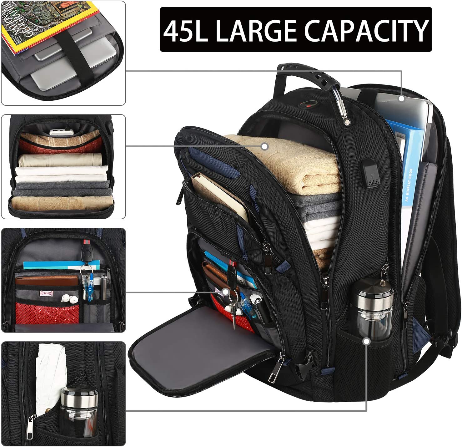 18.4 Laptop Backpack for Men, 55L Extra Large Gaming Laptops Backpack with USB Charger Port, TSA Friendly Flight Approved RFID Anti-theft Pocket, Water Resistant Suiltable for Travel Business Work - Image 2